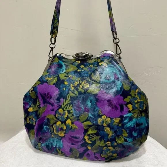 Original Design! Cowhide Leather Floral Print Handmade Metal Frame Slouchy Bag - Picture 2 of 16